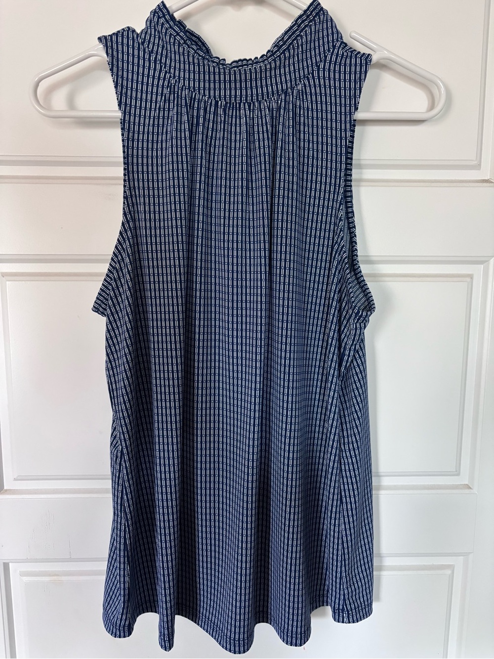 Banana Republic Navy and White Sleeveless Smocked Neck Blouse